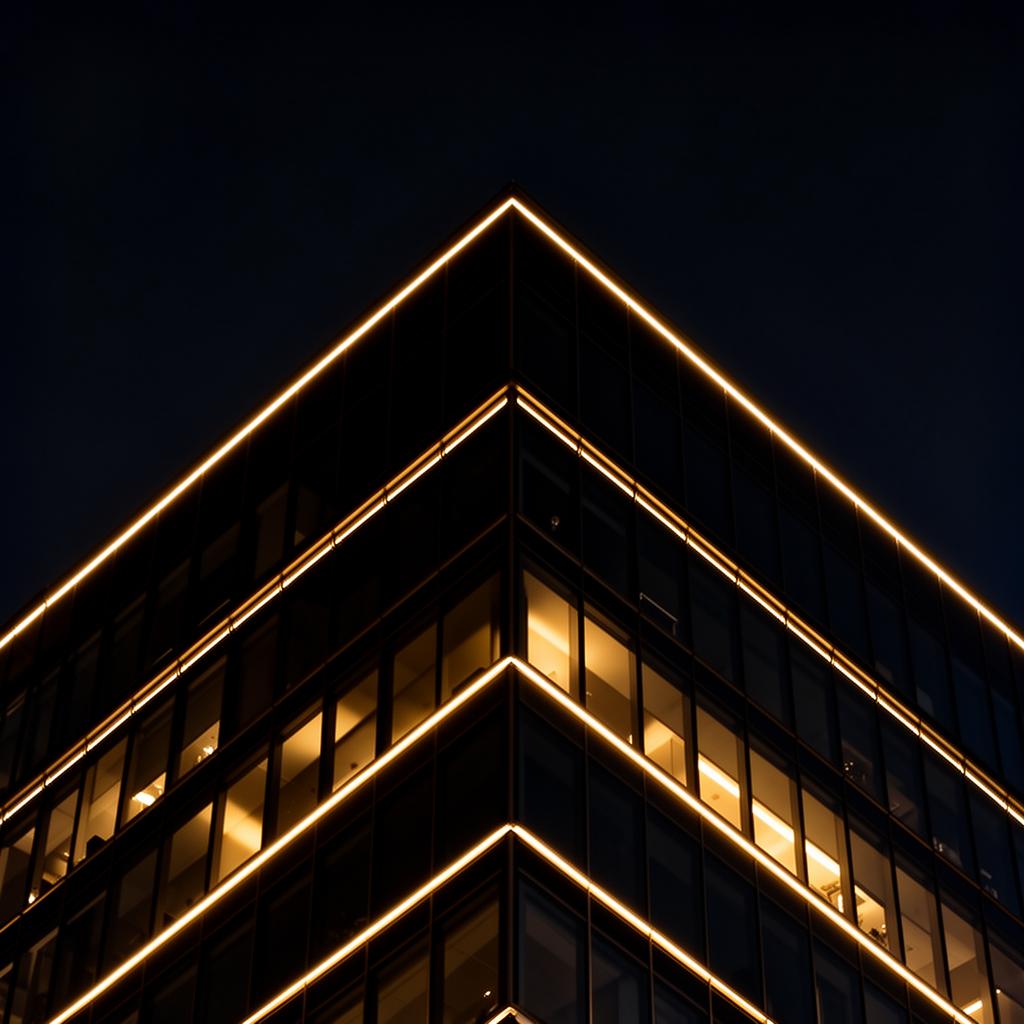 Luxury black glass office tower at night with gold accent lighting